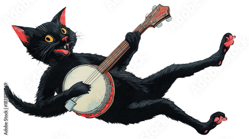 Vintage illustration of a lively black cat playing a banjo while reclining against a cutout