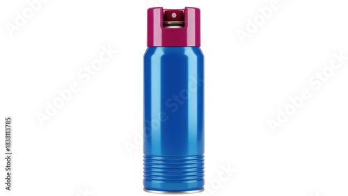 Isolated blue spray can with red spray head for personal care in studio shot product photography