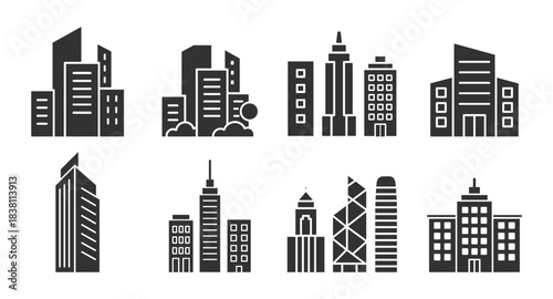 Modern city skyscraper building icon set, urban skyline architecture collection with office towers and highrise business blocks on transparent background