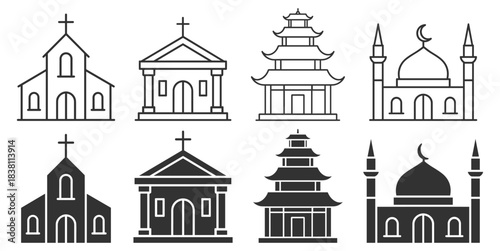 Religious architecture icon set, churches, mosques and temples in clean line style on transparent background