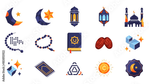A collection of flat design icons representing Islamic culture, Ramadan traditions, and religious symbols like crescent moons, mosques, prayer beads, and the Quran.