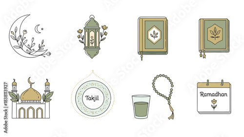 Set of Ramadan and Islamic culture icons featuring a mosque, Quran books, a lantern, crescent moon, prayer beads, and a calendar in a line art style.