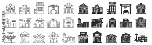 City service buildings icon set, urban architecture collection with bank, hotel, casino, shop, mall, museum, police station, library and airport on transparent background