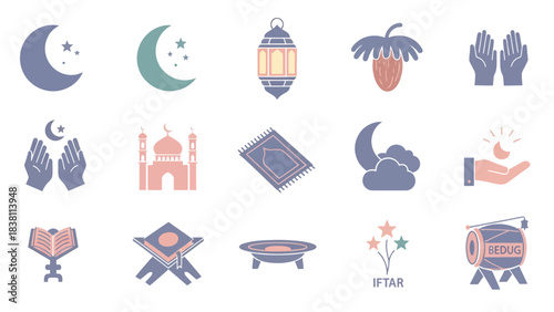 A collection of flat design icons representing Ramadan and Islamic culture, including crescent moons, lanterns, dates, mosques, prayer mats, and Quran.