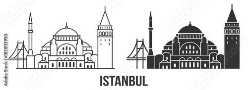 Istanbul city landmark icon set with Hagia Sophia, Galata tower and Bosphorus bridge in clean line and solid styles on transparent background