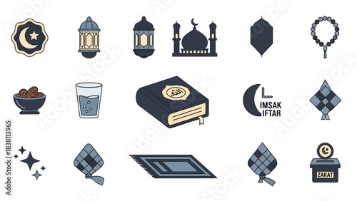 A collection of flat design icons representing various elements of Islamic culture, Ramadan, and Eid al-Fitr celebrations.