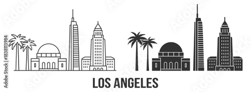 Los Angeles city landmark icon set with Griffith observatory, palm trees and downtown skyline in clean line and solid styles on transparent background