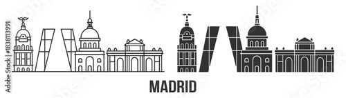 Madrid city landmark icon set with historic architecture, palace and gate elements in clean line and solid styles on transparent background