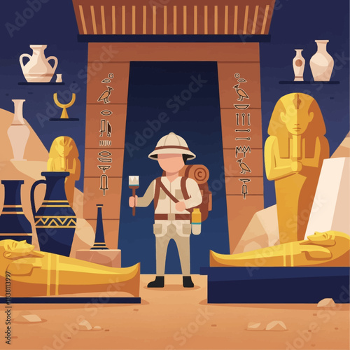 An archaeologist exploring an ancient Egyptian tomb filled with golden sarcophagi, vases, and hieroglyphs, surrounded by historical artifacts.