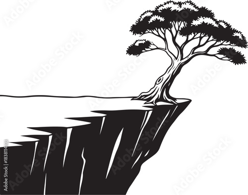 Silhouette of a lone tree clinging to a cliff edge