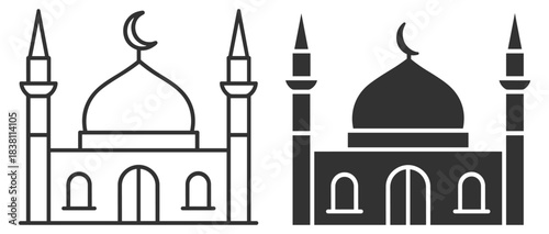 Islamic mosque building with minarets, outline and solid religious landmark icon on transparent background