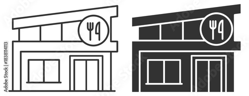 Restaurant building with food symbol and clean outline, vector dining shop design, graphic illustration on transparent background