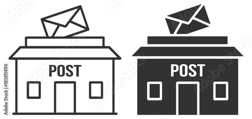 Post office building with mail letter symbol, vector outline design, clean graphic illustration on transparent background