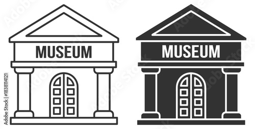 Museum building with classic pillars and arch door, clean outline vector illustration on transparent background
