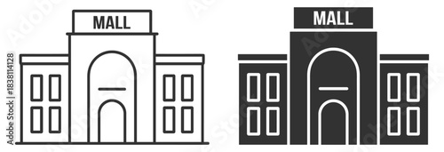 Shopping mall building with central tower outline, vector retail structure design, clean graphic illustration on transparent background