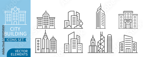 City building icons set with modern urban towers, office blocks and hotel elements, clean outline vector design on transparent background