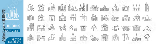 Building icon set, solid and line collection of house, office, bank, school, hotel, shop and hospital on transparent background
