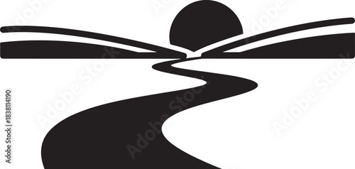 Stylized black silhouette of a river flowing towards a setting sun over hills