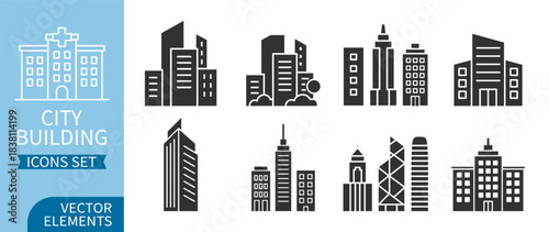 City building icons set, urban skyline silhouettes, modern skyscraper architecture collection, business tower and office elements on transparent background