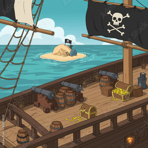 A cartoon illustration of a pirate ship's deck with cannons, treasure chests, and barrels, sailing towards a small island with a pirate flag under a blue sky.