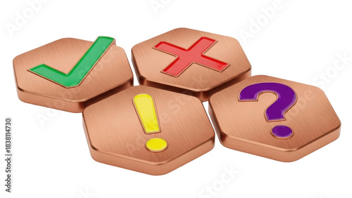 Isolated Copper-Colored Game Pieces depicting a Checkmark, Exclamation, Question Mark, and Ex