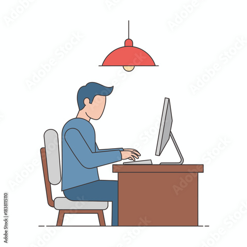Digital workplace scene portraying a focused professional at the computer under light