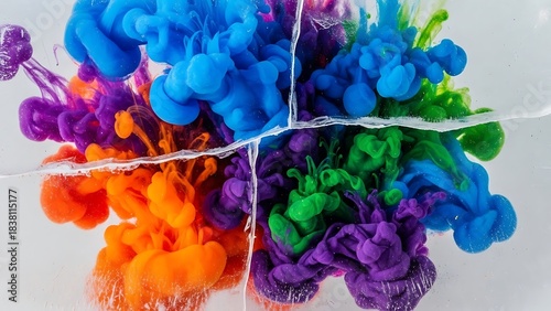 Vibrant abstract color explosion in water divided by a graphical fracture line