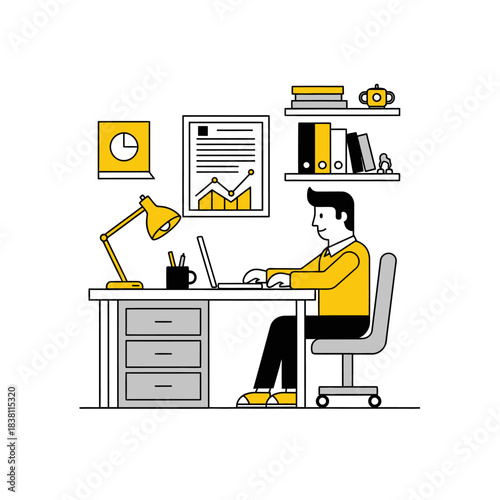 Illustration of a focused professional working diligently at a modern workplace setup at desk