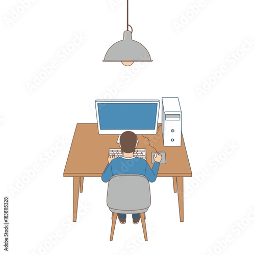 Illustrative depiction of remote work setup featuring a person at a desk with computer and light