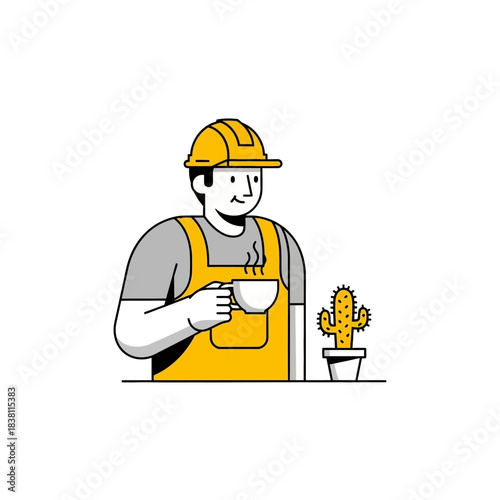 Construction worker enjoys coffee break near spiky succulent plant minimalist illustration
