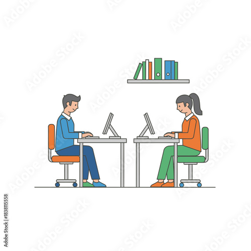 Professional interaction, coworkers engaged in digital tasks at their minimalist workstations