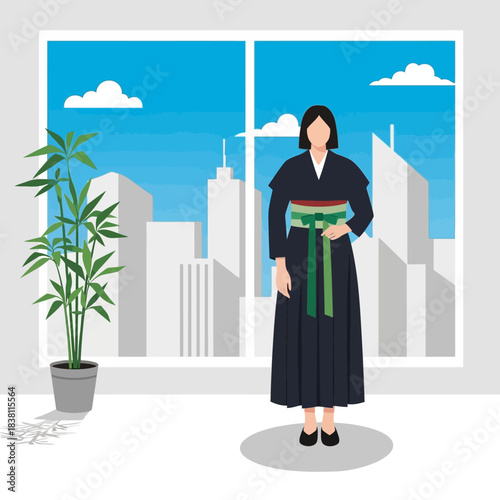 Elegant poise: Woman in patterned dress with cityscape backdrop in modern studio