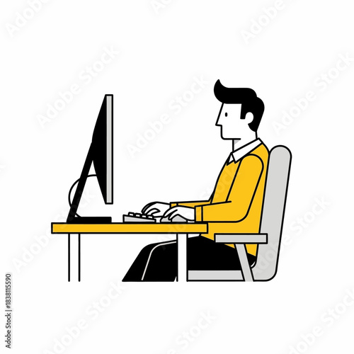 Minimalist Illustration of Person Working at Computer in Modern Office Setting portraying focus