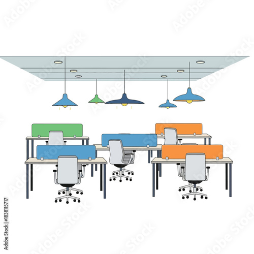 Modern open office space with colorful partitions and elegant pendant lighting arrangement