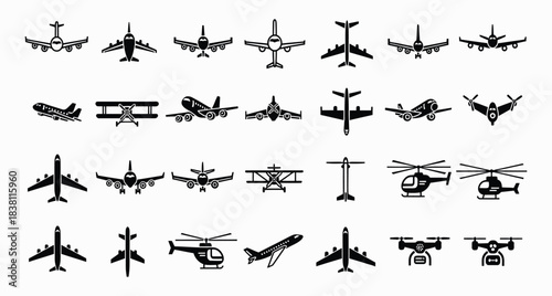 25 Black Aircraft Silhouettes on White, Includes Commercial Planes, Military Jets, Helicopters, Biplanes, and Drones in Diverse Angles