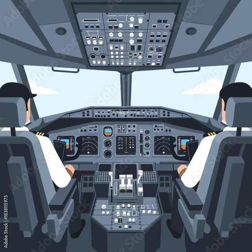An illustration showing the interior of an airplane cockpit with two pilots seated, facing the complex array of controls and instruments.
