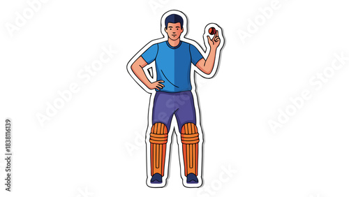 Man in blue t-shirt orange protective pads and blue pants holds red ball in hand standing on black background