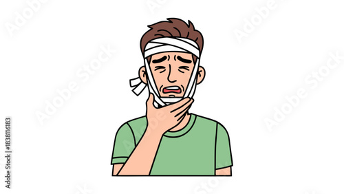 Man With Bandage On Head And Chin Holding His Neck With Expression Of Pain And Discomfort Illustrated In A Simple Flat Design Style Against A Black Background