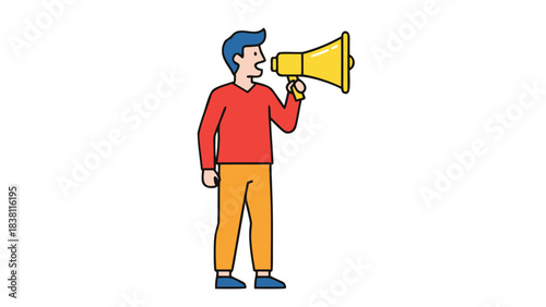 Man With Blue Hair Wearing Red Shirt And Orange Pants Shouting Into Yellow Megaphone On Black Background With Pixel Art Style