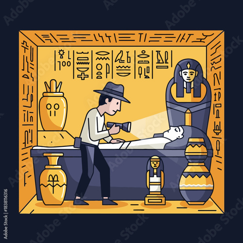 An archaeologist exploring an ancient Egyptian tomb, examining a mummy in a sarcophagus surrounded by hieroglyphs and artifacts.