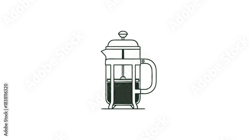 Minimalist illustration of a French press coffee maker with a dark green hue and white handle against a stark black background, showcasing its classic design and brewing mechanism