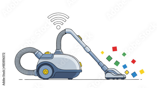 Modern Cylinder Vacuum Cleaner With Attached Hose and Extension Wand Sucking Up Colorful Pixelated Squares Against a Black Background Detailed Vector Illustration