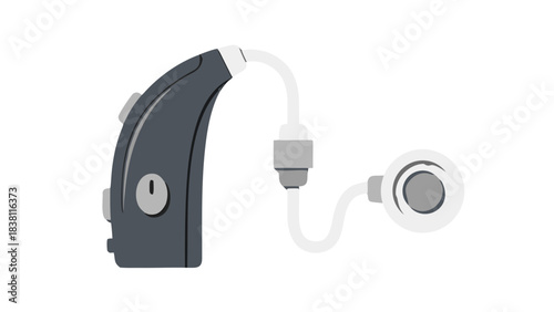 Modern Hearing Aid Device With Earpiece And Wire Presented Against Black Background Detailed Illustration