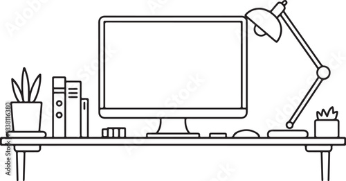 Minimalist workspace vector illustration featuring a monitor books lamp and plants on a desk
