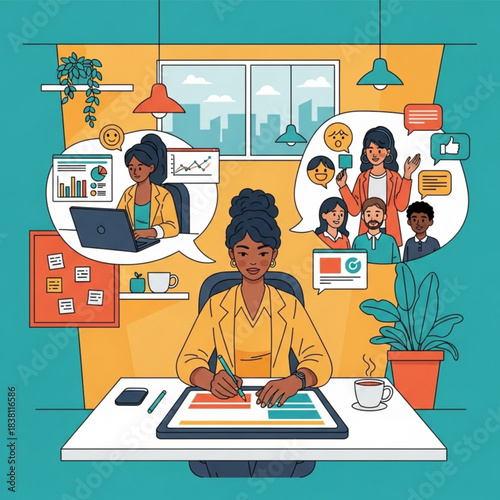 Multitasking Black Businesswoman Planning Strategy and Teamwork on Tablet.