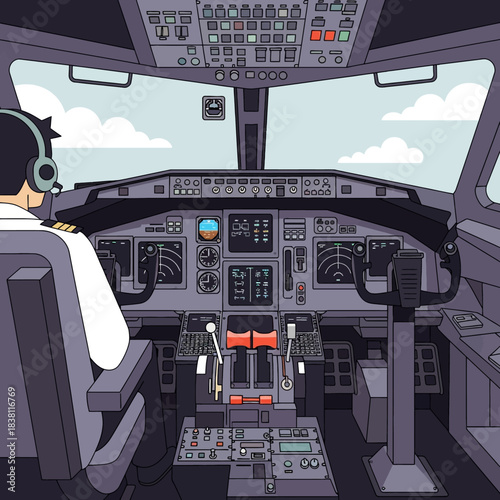 A detailed illustration of a pilot in a modern airplane cockpit, looking out at the sky with clouds.