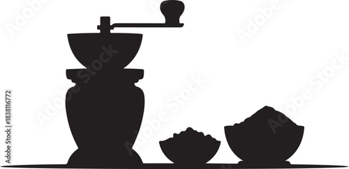 Traditional manual coffee grinder vector silhouette with ground coffee piles on a dark background