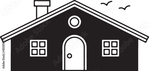 Traditional house vector icon with chimney and two windows, representing home or property