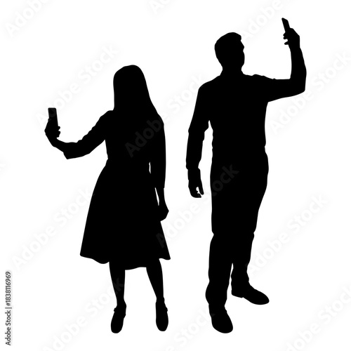 Silhouette of man and woman with mobile phone. Vector illustration.