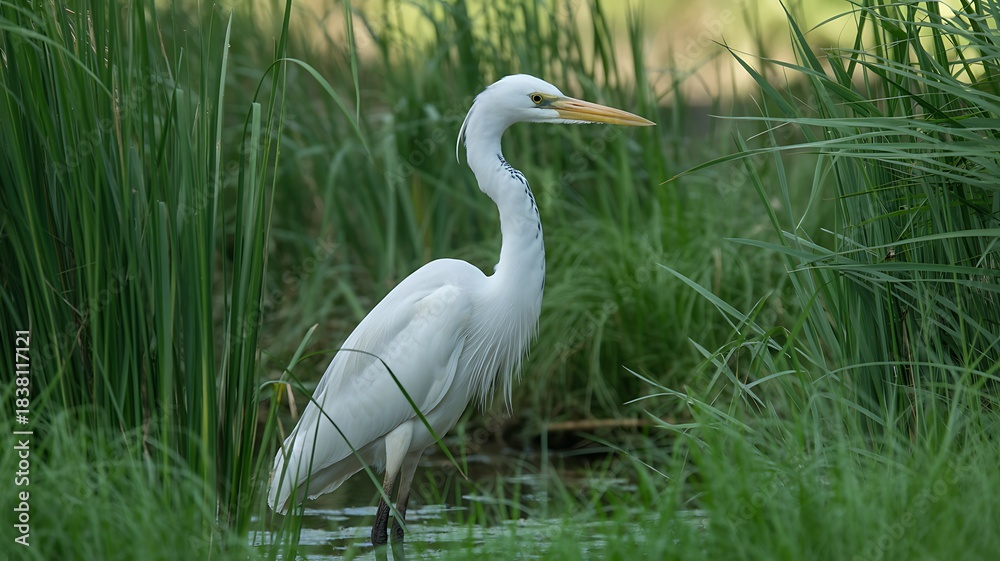 Fototapeta premium serene white heron bird standing in lush green grass picture